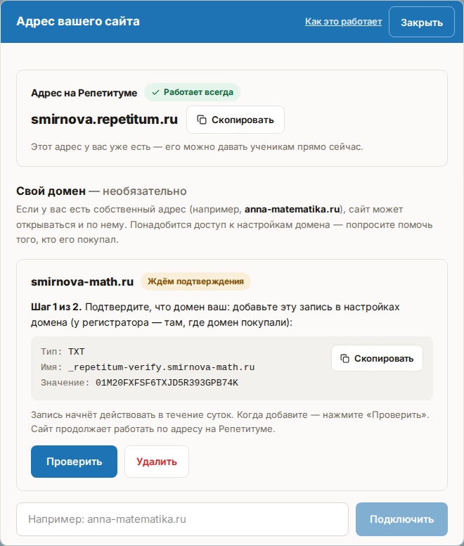 Окно «Адрес вашего сайта»: карточка домена «Ждём подтверждения» с TXT-записью и кнопками «Проверить» и «Удалить»